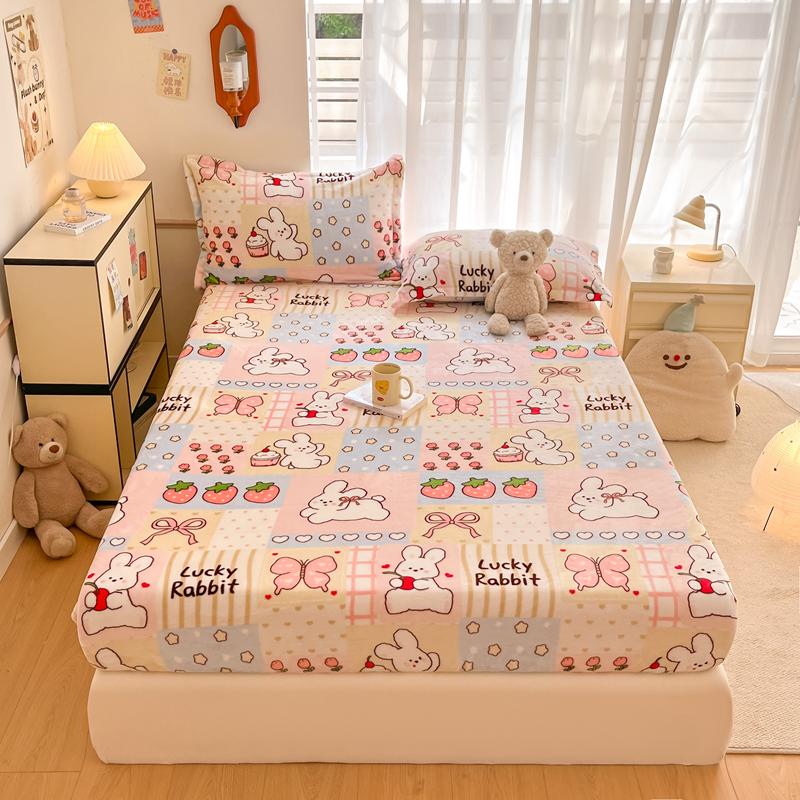 Cute Cartoon Bear Pattern Flannel Fitted Sheet Set Warm Breathable Super Soft Deep Pockets Mattress Cover for Kids Boys Girls