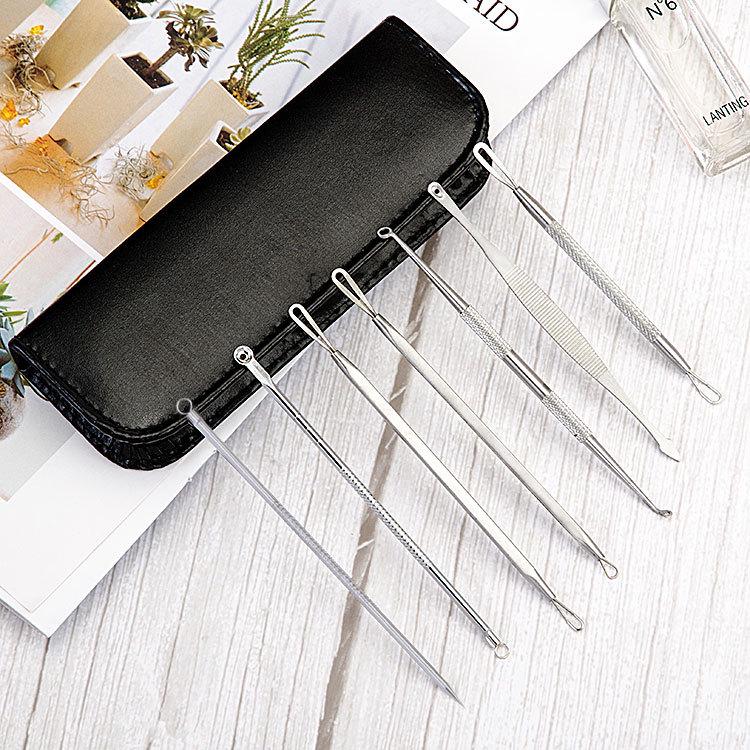 Stainless Steel 7-Piece Blackhead Remover Set with Double-Ended Extractor Tools Self-Adhesive Bag + 7-Piece Set серебряный