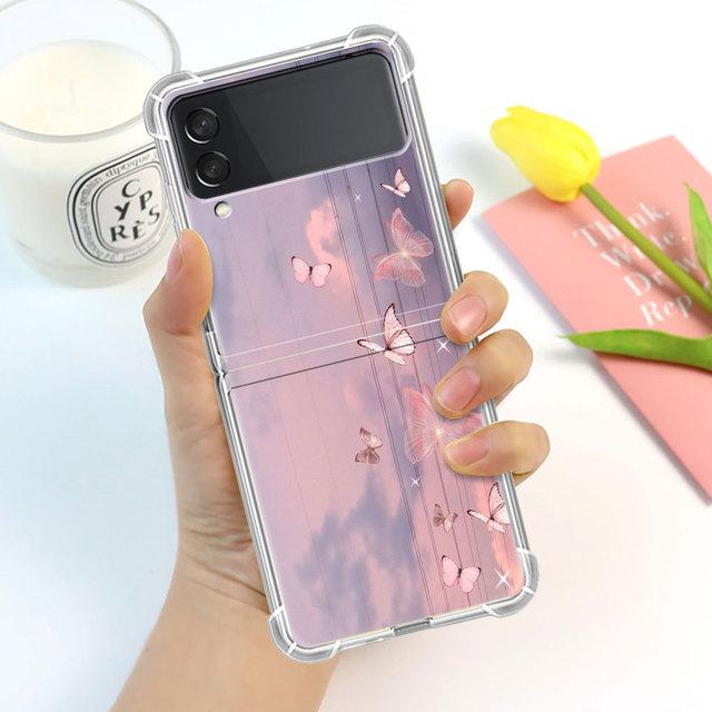 Husă de lux Butterfly Flower pentru Samsung Galaxy Z Flip 3 4 5g Funda Z Flip3 Clear Pc Hard rezistentă la șocuri Coque Shell