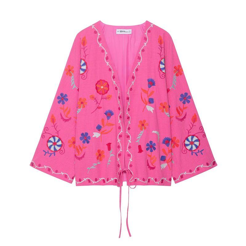 

Zbzr Autumn New Women clothes Western Style Fashion Temperament All-Match V-neck Long sleeve Embroidery Cardigan Lace-up Outerwear Picture Color L