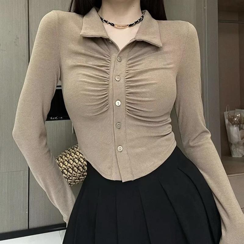 Autumn and winter new temperament pure desire polo collar pleats slim fit long-sleeved top 2025 short base