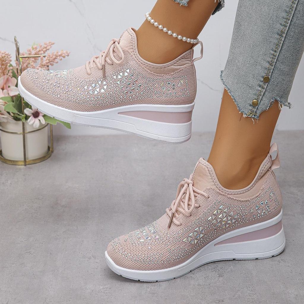 Damen Glitzernde Strass Dicke Sohle Sneaker - Atmungsaktives Strickgewebe, Rutschfeste Mode-Sneaker mit Schnürverschluss, Lässige Bequeme Schuhe