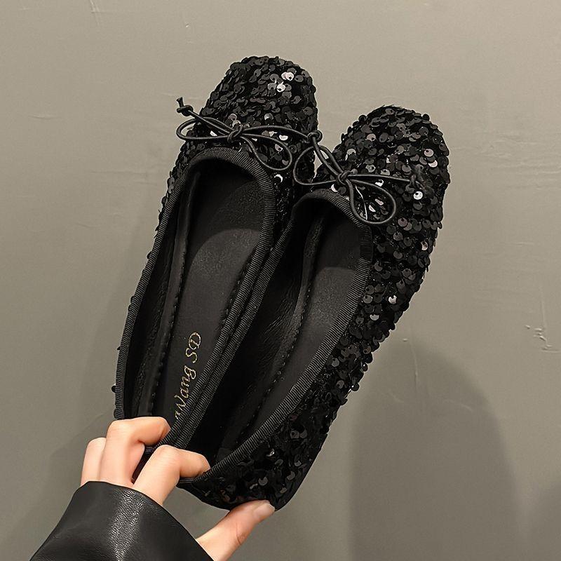 Summer Square Toe Shallow Toe Flat Heel Sequined Women's Bean Shoes