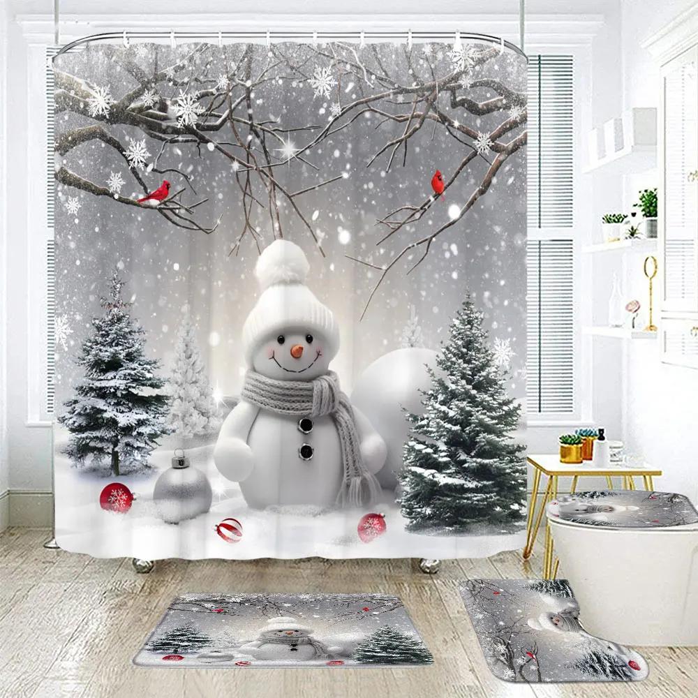 Christmas Elf Shower Curtain Rug Bathroom Set Snowman Fawn Xmas Gift Happy New Year Shower Curtain Set Bathroom Decoration