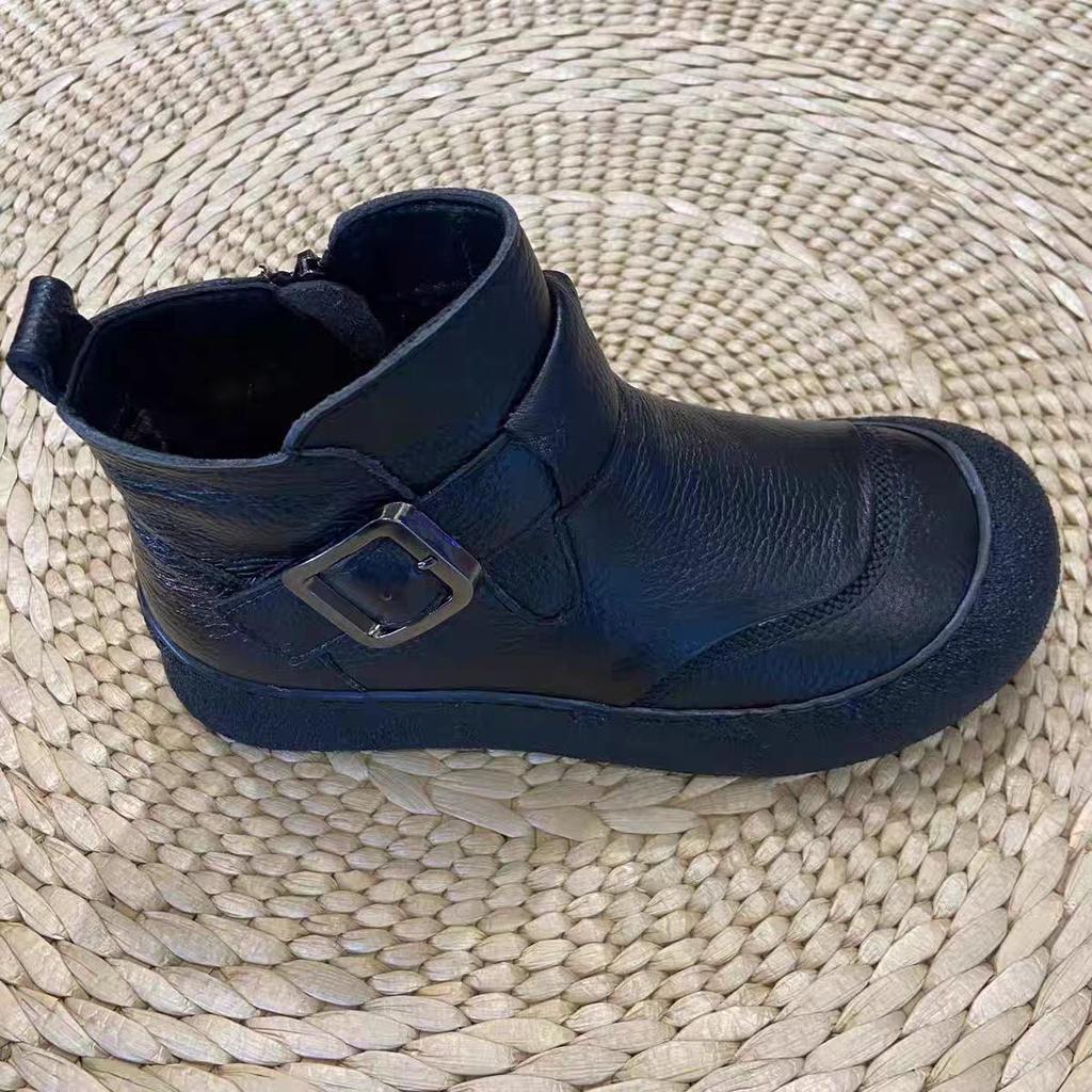 Genuine Leather Women Ankle Boots Plush Side Zipper Snow Boots Autumn/winter New Simple Retro Warm Casual Flat Mom Cotton Shoes