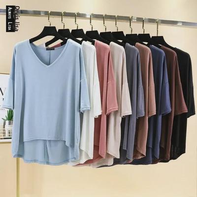 T-shirt da donna a manica a cinque punti con scollo a V: Cotone Modal Primavera/Estate, Vestibilità Ampia, Orlo Asimmetrico, Taglia Plus