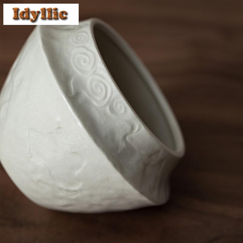 420ml Handmade Relief Plant Ash Jianshui Tea Wash Bowl Tea Dust Cylinder Barrel Household Chaxi Tea Set Supplies Decoration Gift