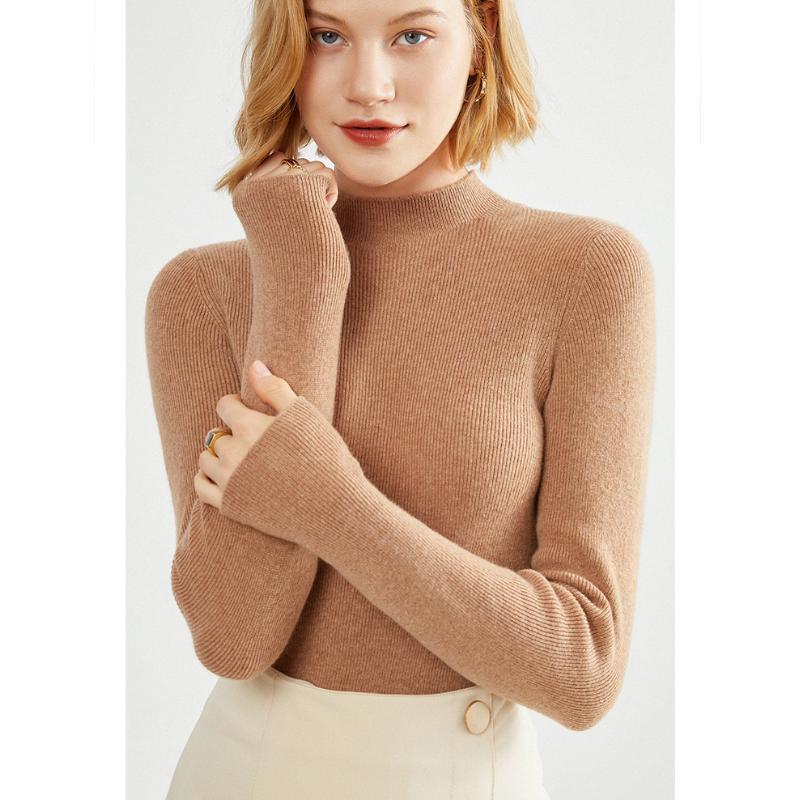 Женские свитера с высоким воротником больших размеров, осенне-зимние эластичные модные топы, тонкий женский пуловер, вязаный свитер, мягкий теплый джемпер M коричневый