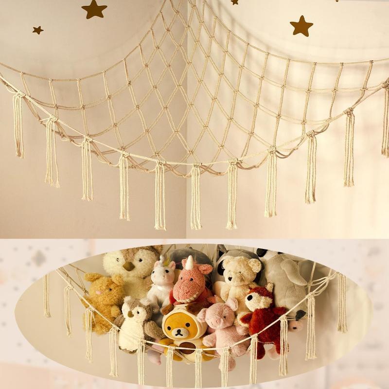 Boho Tassel Toy Hammock Wall Corner Hanging Storage Net Durable Cotton Woven Organizer for Kids Room Nursery Home Decor