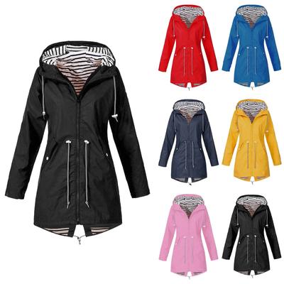 Women Solid Stripe Rain Jacket Outdoor Plus Waterproof Hooded Raincoat Windproof