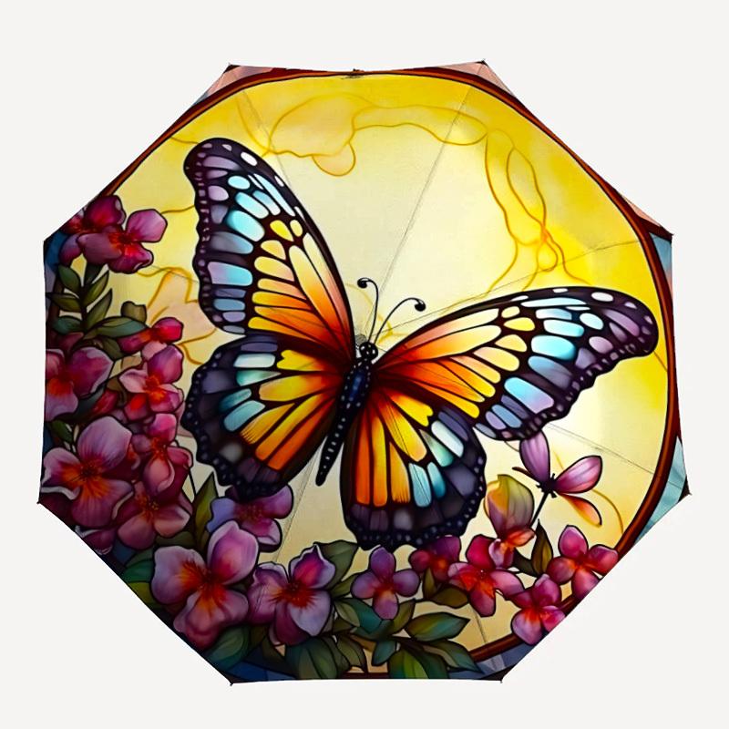 

1pc Butterfly Stained Glass Automatic Open/Close Umbrella with Windproof, 8-Rib Sturdy Canopy, Durable Ribs, Ideal for Gifts yy251117069