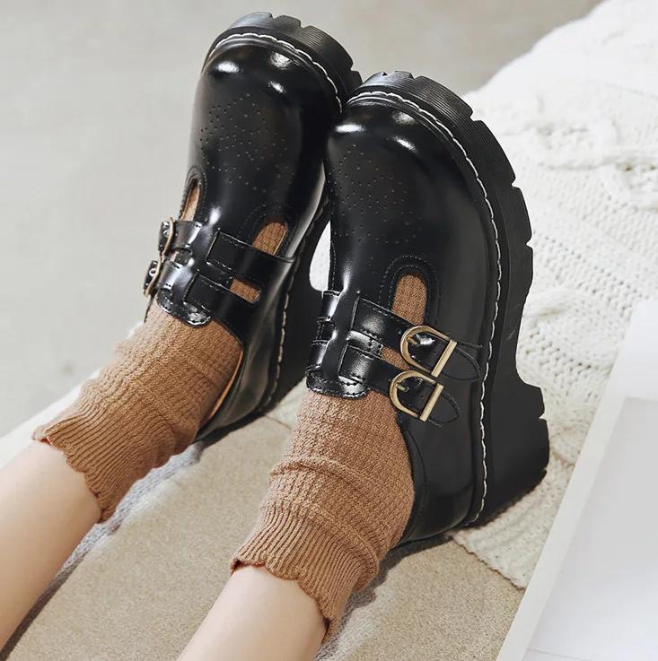 

Fashion Genuine leather retro shoes women ankle strap thick sole platform round toe chunky heel party cosplay 34