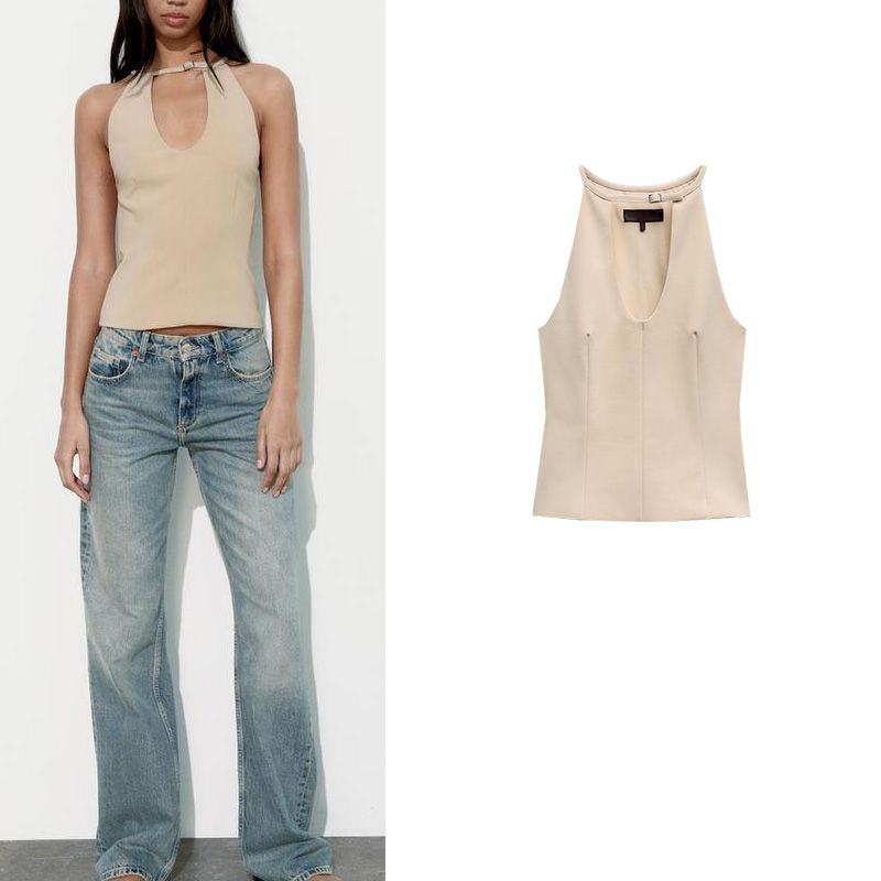 Spring New Arrival Fashion Pure Desire Wind Silm Slim Looking Adjustable Buckle Decorative Stretch Halter Top 3152036