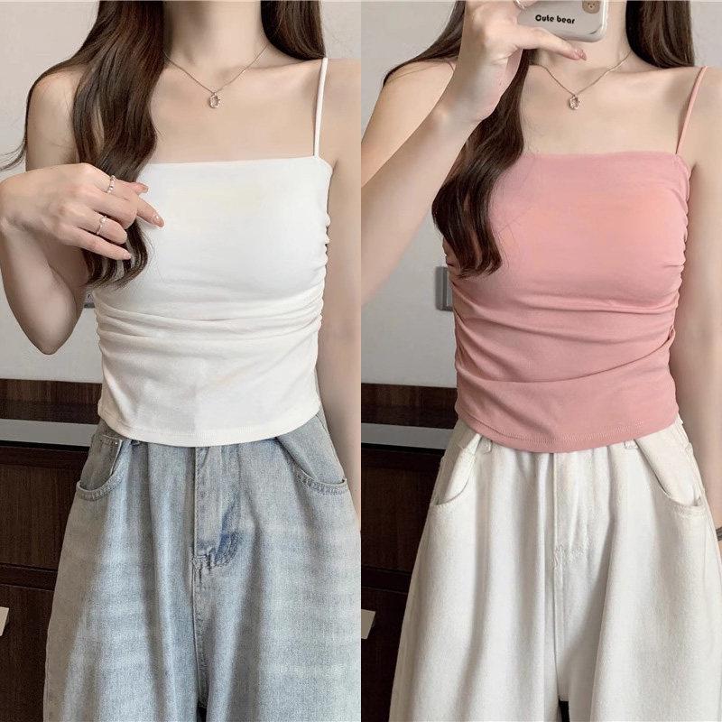 Elegant White Camisole with Chest Pads - Women's Stylish Summer Top for Inner and Outer Wear