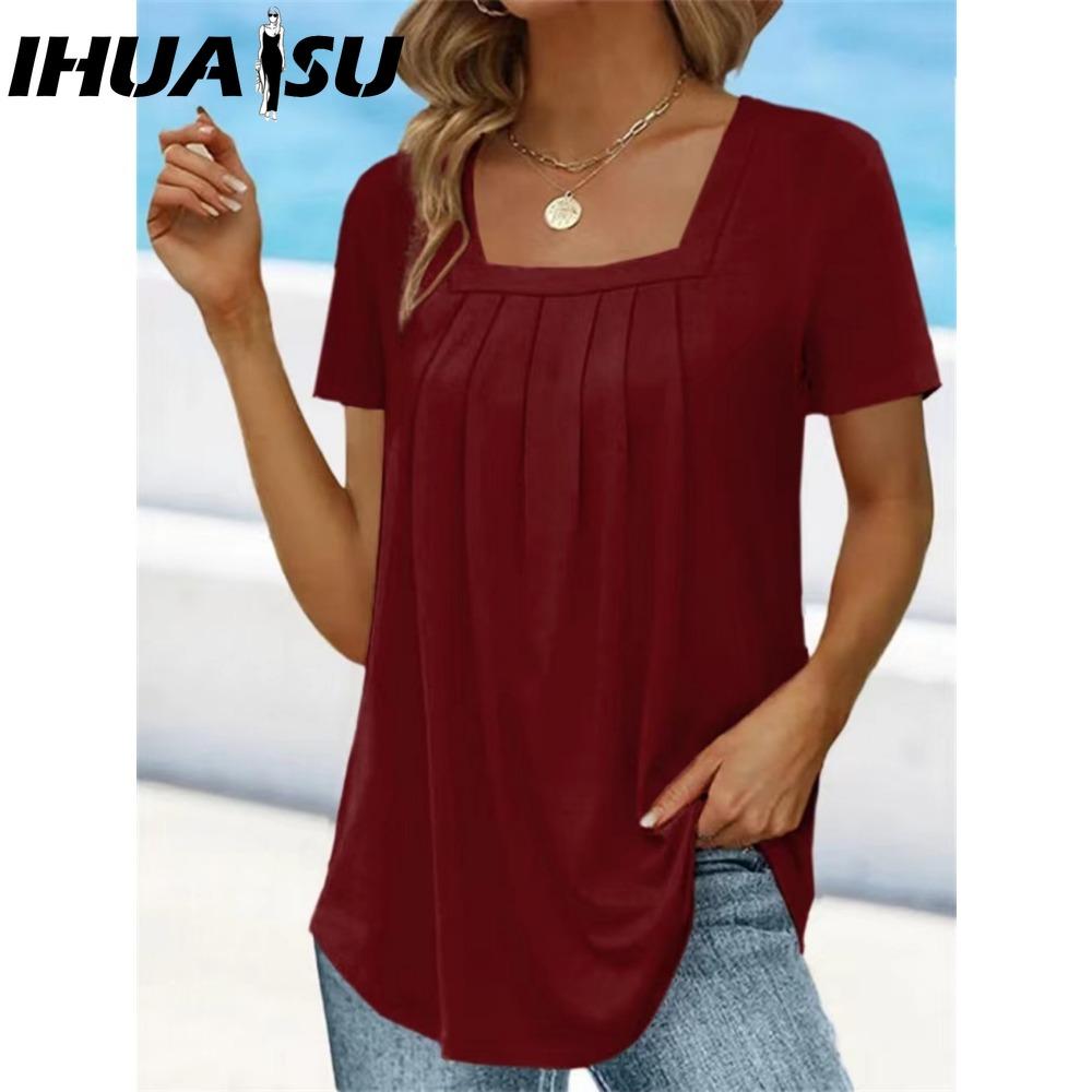 

IHUASU Жіночі Модні Повсякденні Однотонні Блузки та Сорочки з Коротким Рукавом з Принтом XXL червоний