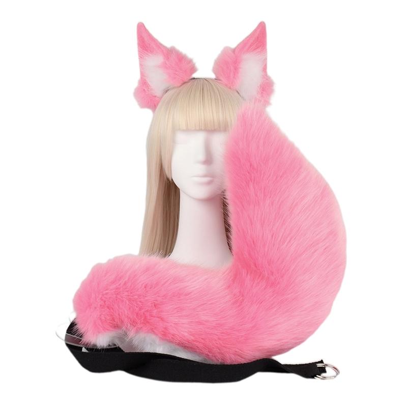 

Fox Cats Ears Headband and Faux Fur Tail for Halloween Cosplay Party Costume Accessories Cats Ears Tail Set for Ad рожевий