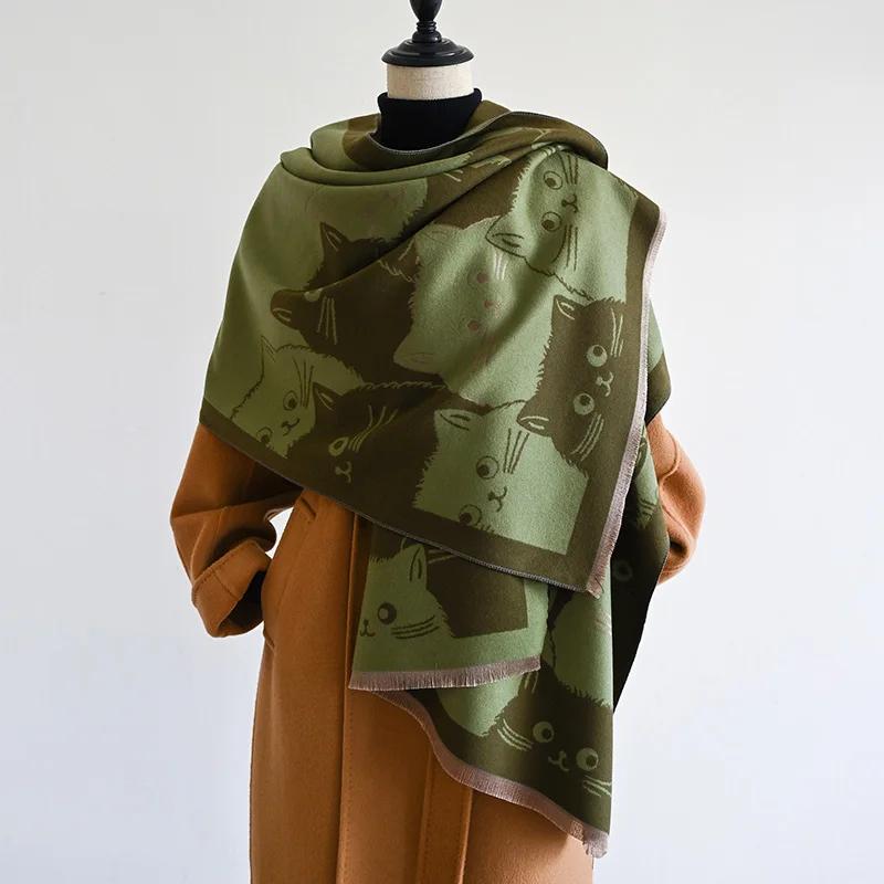 New Fashion Brand Cute Cat Ladies' Jacquard Pashmina Cashmere Scarf Winter Thick Warmth Shawl Coldproof Windproof Blanket Scarf