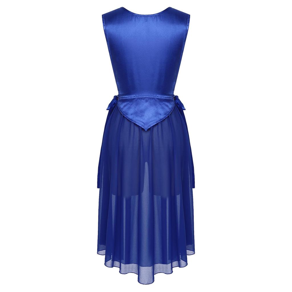 Womens Liturgical Dance Costume Round Neck Sleeveless Design Lace-up Sides Split Hem Satin Tunic