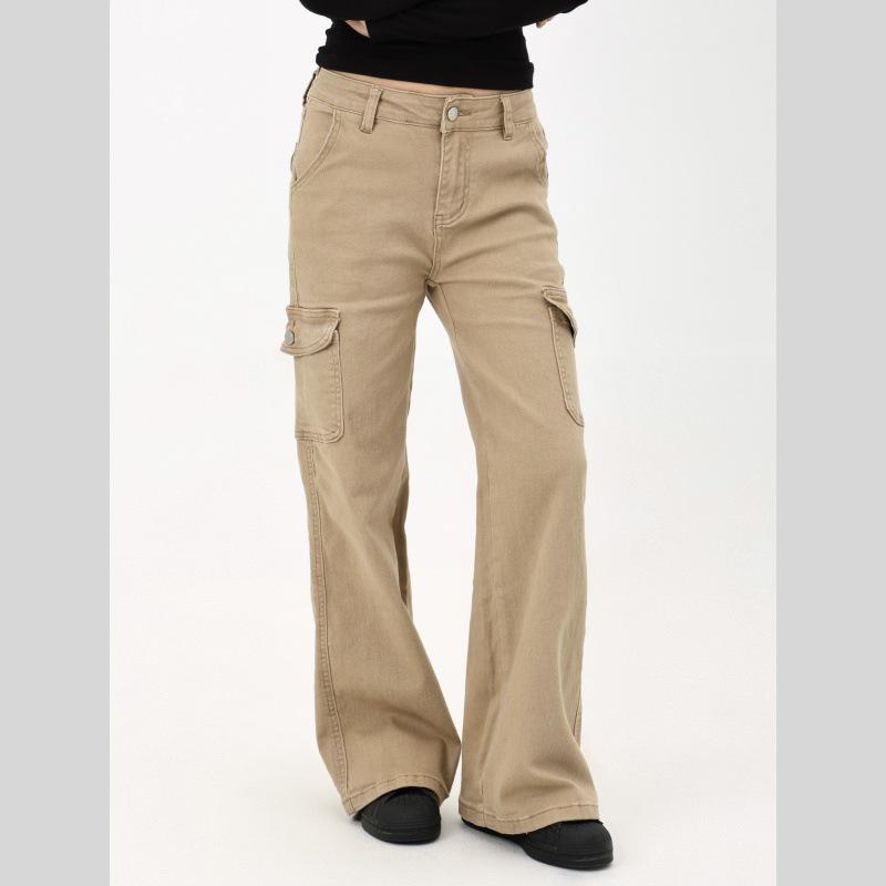 

2025 Petite Mid-Waist Women s Khaki Stretch Flare Cargo Denim Pants for Autumn/Winter L (54-59 kg)