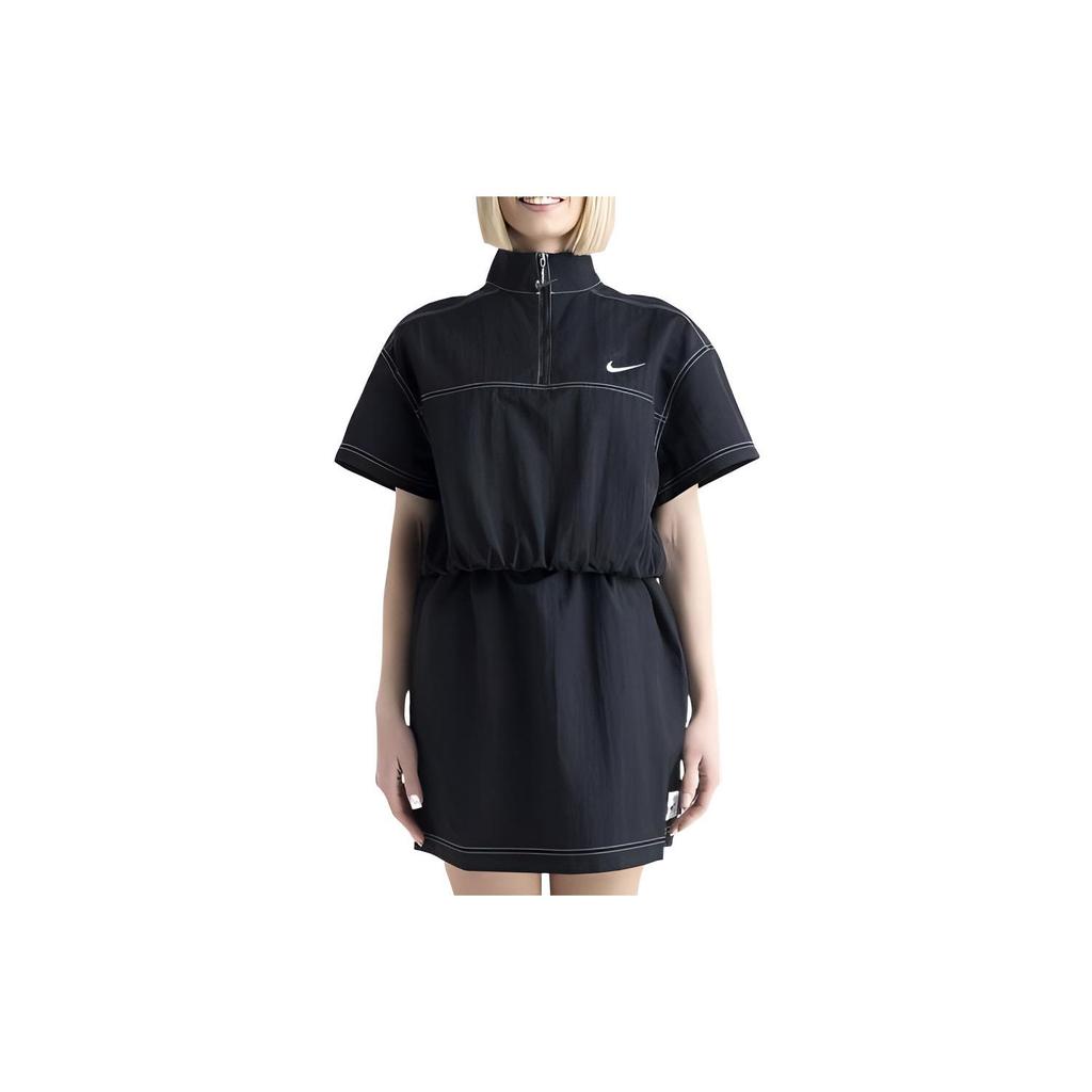 Nike Solid Color Logo Micro Mark Casual Stand Collar Short Sleeve Dress Women Dresses Black DM6197-010