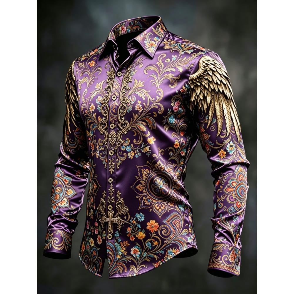 2026 New Men's Luxury Satin Shirt Geometric Color Block Printed Cuffs Long Sleeve Collar Button Shirt Wedding Men's Top