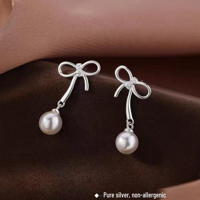 2024 Light Luxury Bow Pearl Stud Earrings: 925 Sterling Silver, Women's Niche Ear Jewelry