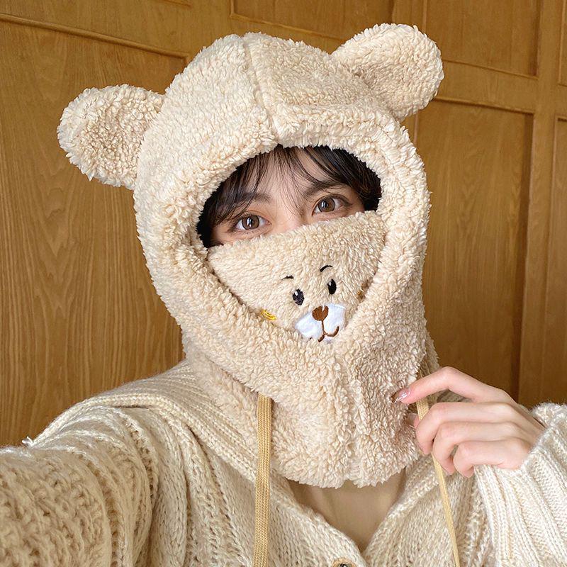 Korean-Style Cute Bear Plush Hat & Scarf Set for Women - Cozy Autumn/Winter Wear
