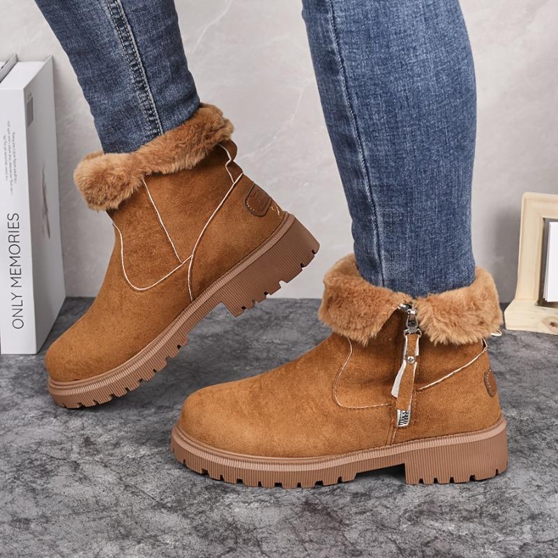 Women's Round-Toe Short Boots Plush Faux Thick Rubber Sole Chunky Heel Zipper Winter Casual Dressy Brown Booties for Jeans