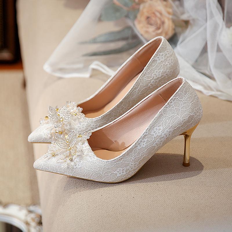 Stiletto Single Shoes Autumn New Pointed Toe Shallow Mouth Crystal Pearl Flower Slip Anti-slip Wear-resistant High Heels