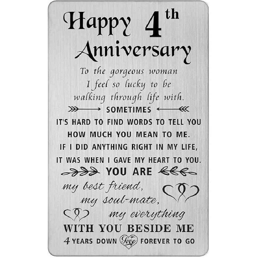TANWIH 4th Anniversary Card for Wife - 4 Years Down Forever to Go - 4 Year Wedding Anniversary Card Gifts for Her Women, Engraved Metal Wallet Card