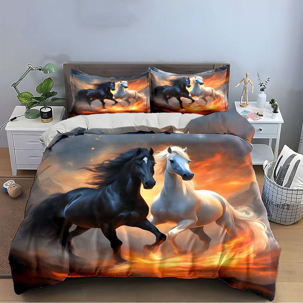 Fiery Black and White Horses Bedding Duvet Cover Set (1*Duvet Cover 2*Pillowcases, Without Duvet Insert)