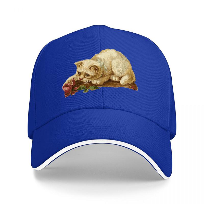 Cute Cat with Rose Embroidered Baseball Cap Classic Black Adjustable Hat for Unisex and Women Fashionable Streetwear Accessory