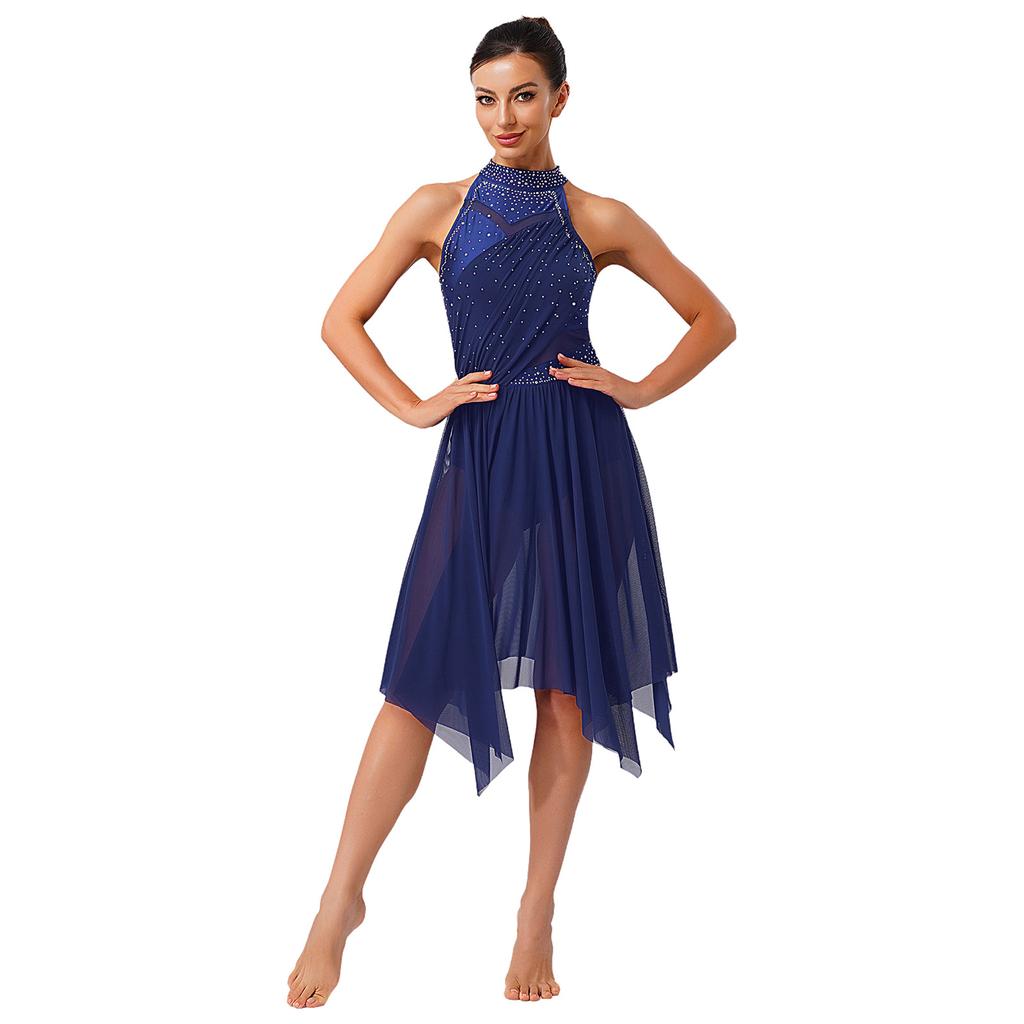 Premium Lyrical Dance Costume for Women S-XXL Halter Rhinestone Dress with Mesh Ruffled Skirt for Competition & Classes