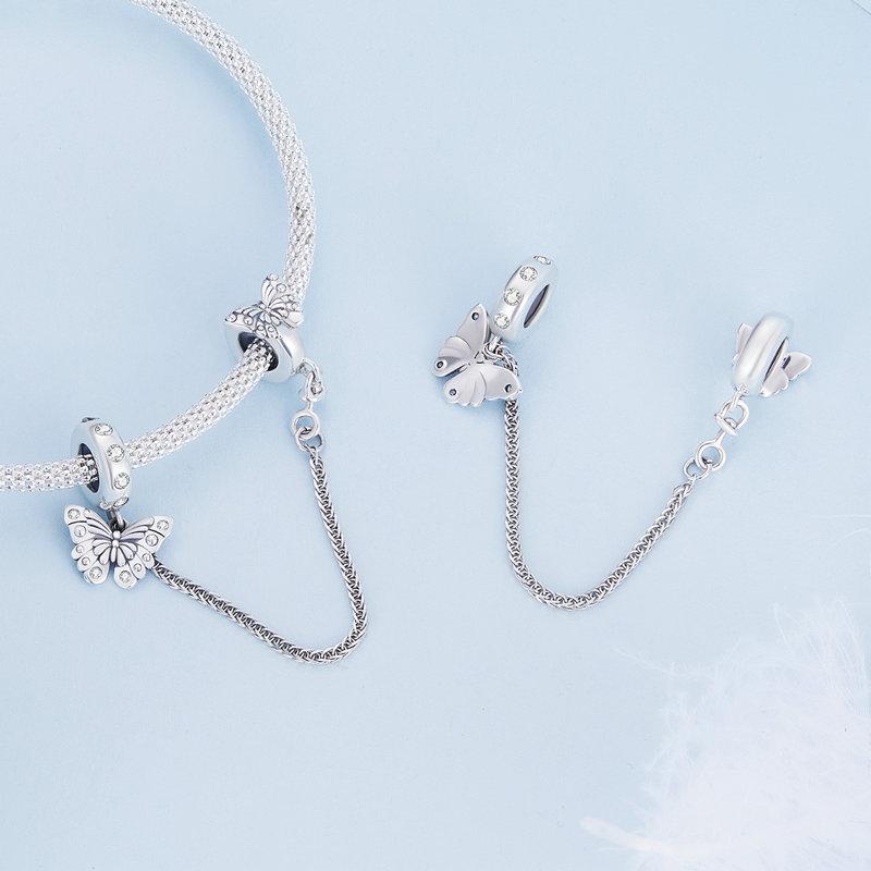 WOSTU 925 Silver Love Heart Silicone Safety Chain Butterfly Angel Wing Link Charm Fir Original Bracelet DIY Jewelry