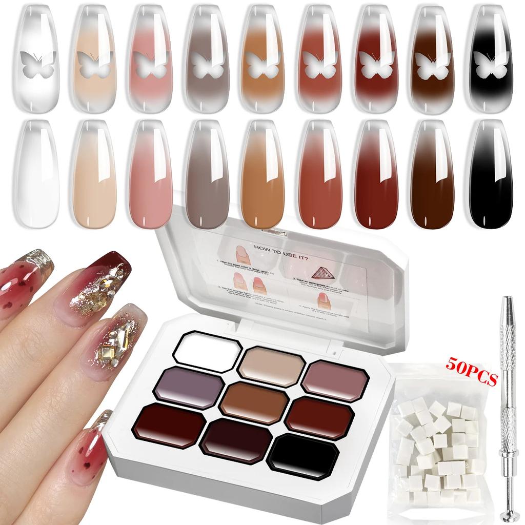 LIMEGIRL 7IN1 Gradient Painting Gel Kit 9 Grid Gradient Color Solid Nail Polish with 50pcs Sponge Nail Art DIY Color Gel Kit