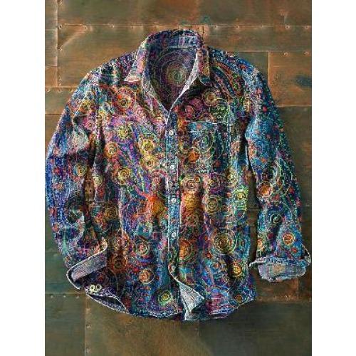 Retro-style Colour-block Print Men’s Long-sleeved Button-down Shirt