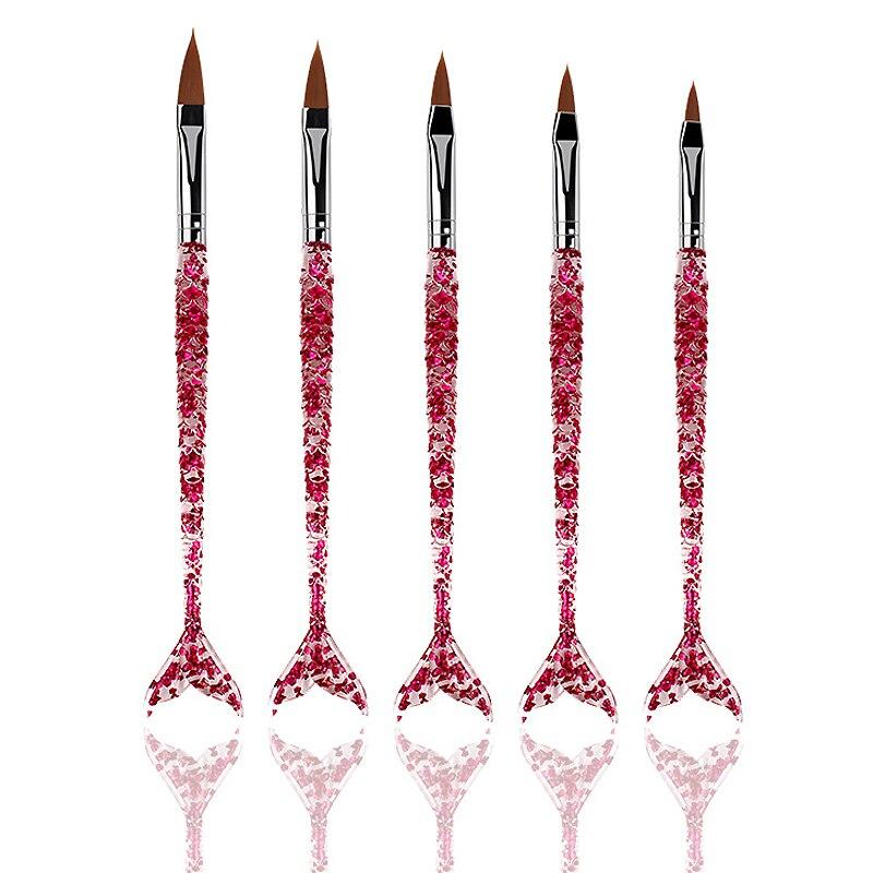 5-teiliges Nagelpinsel-Set mit glitzernden Fischschwanz-Griffen für Nagelkunst-Spitzen, Design, Malerei, Zeichnen, Dekorationen
