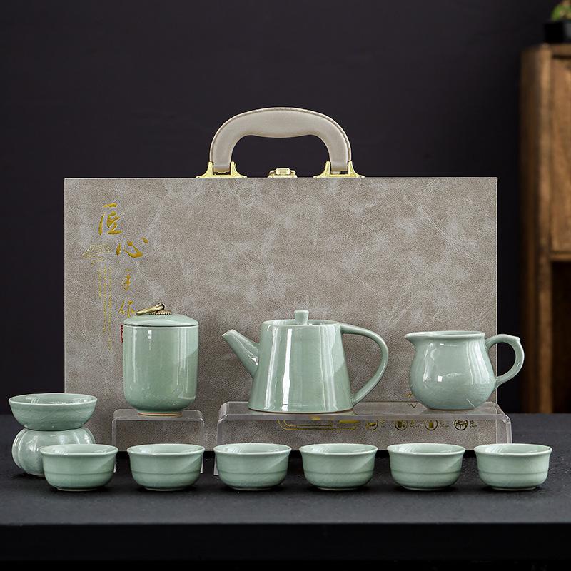 Mid-Autumn Festival Gifts Ru Kiln Tea Set Home Office Ceramic Gift Box Complete Set Tea Set Teapot Cover Bowl Full Set