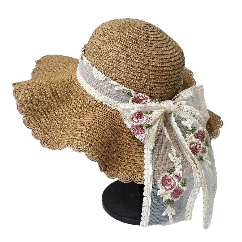 Summer new embroidered bow big brim straw hat women's seaside cover full face sunshade sunscreen hat straw sun hat