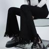 Women's Spring/Summer Black Fringed Raw Hem Flared Jeans High-Waisted Slimming Stretchy Design Trendy Flare Trousers