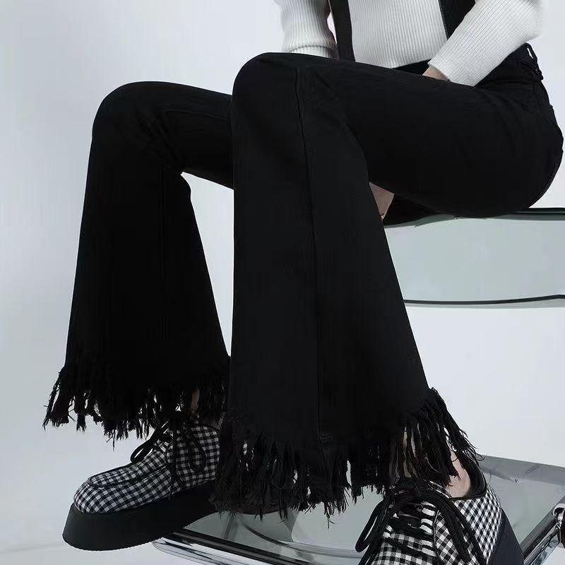 

Women s Spring/Summer Black Fringed Raw Hem Flared Jeans High-Waisted Slimming Stretchy Design Trendy Flare Trousers XL