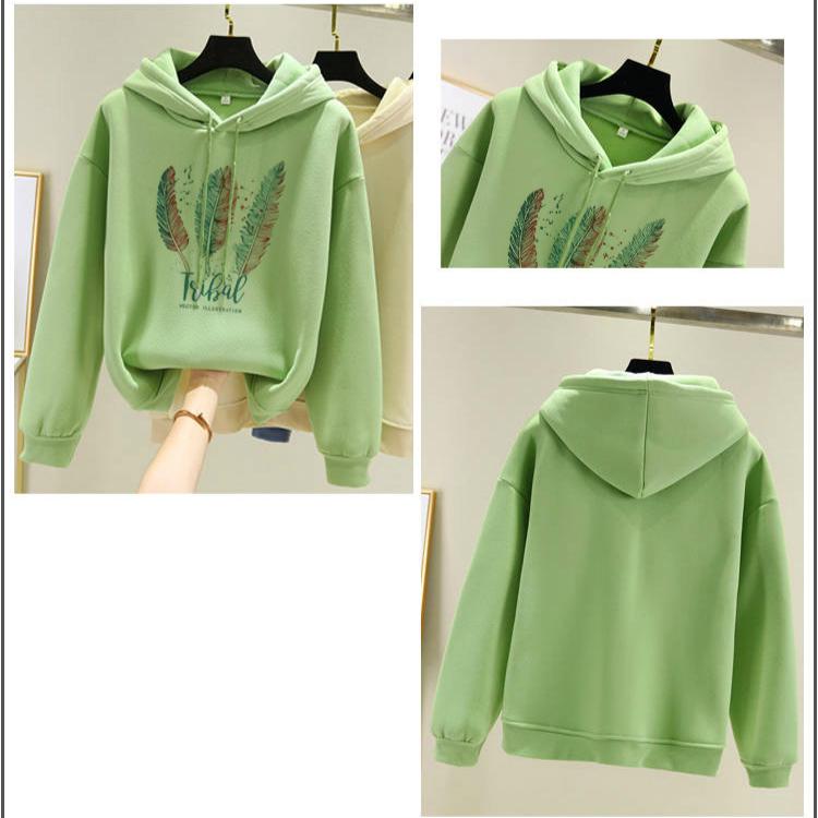 Women Fashion Feather Printed Hoodies Autumn Winter Plus Velvet Casual Loose Hoodie Sweatshirt