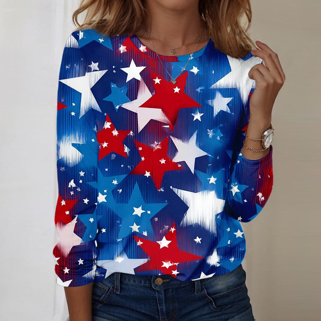 Women's Fashionable Casual Long-Sleeved Independence Day Print Neck Top