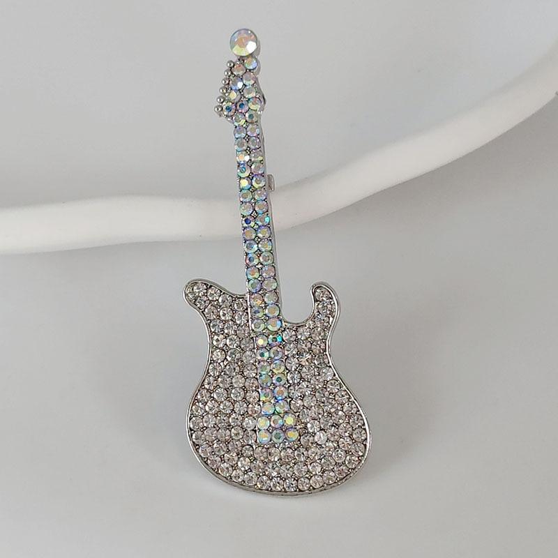 Music Guitar Design Metal Inlaid Rhinestone Brooch Cartoon Exquisite Art Instrument Emblem Pins Jewelry Clothing Accessories