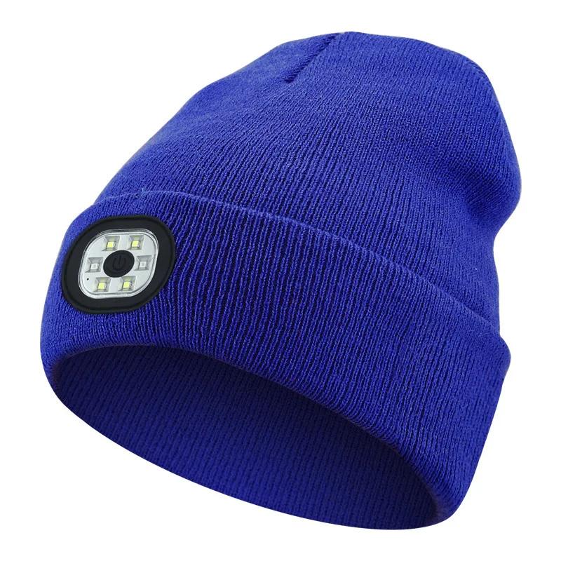 LED lue lue med lys unisex varm vinterlue USB oppladbar hodelykthette vinterstrikket nattbelyst lue lommelykt