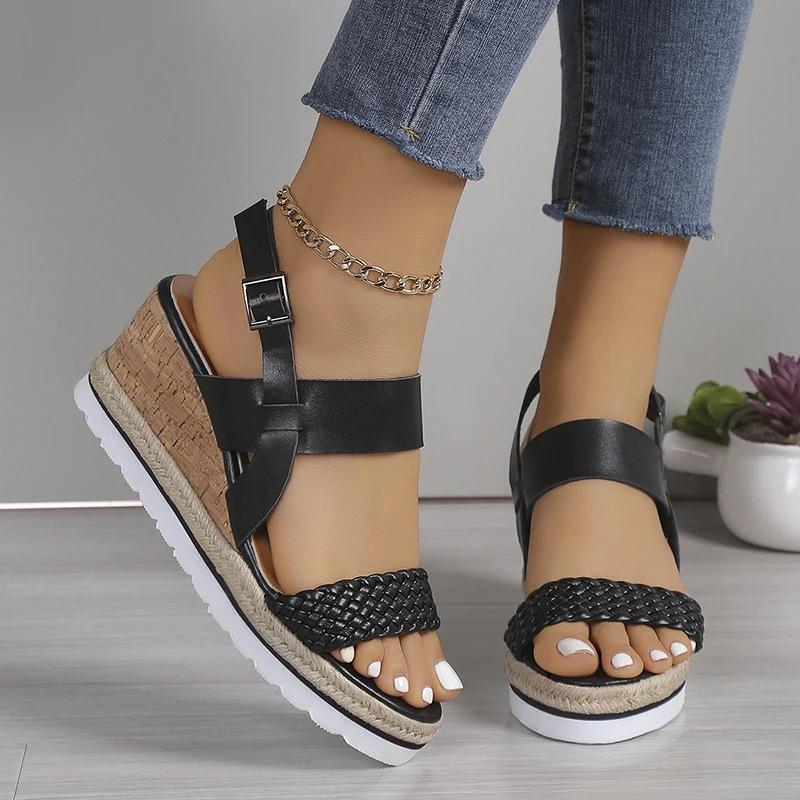 White Braided Wedge Sandals Women Summer 2025 Light Non Slip Beach Shoes Woman Fashion Buckle Strap Platform Sandalias De Mujer