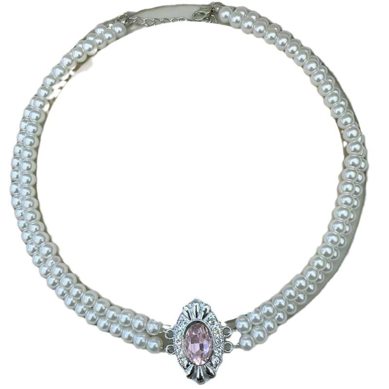 Retro Imitation Pearl Multi-layer Necklace - Green Rhinestone Luxury Necklace