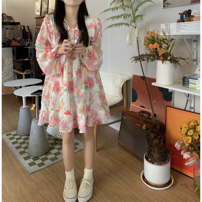 

French doll collar floral dress autumn new niche chic design skirt loose short skirt women S