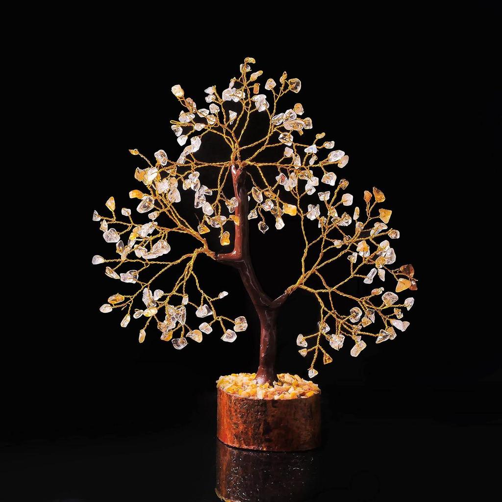 Crystals and Stones, Citrine and Clear Quartz Crystal Showpiece For Home Decor Decoration Bonsai Money Tree, Size 10-12 inches. 1 piece