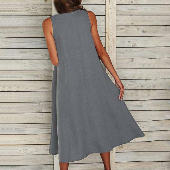 Vintage Damen Einfarbig O-Ausschnitt Ärmellos Taschen Großer Saum Langes Lockeres Kleid